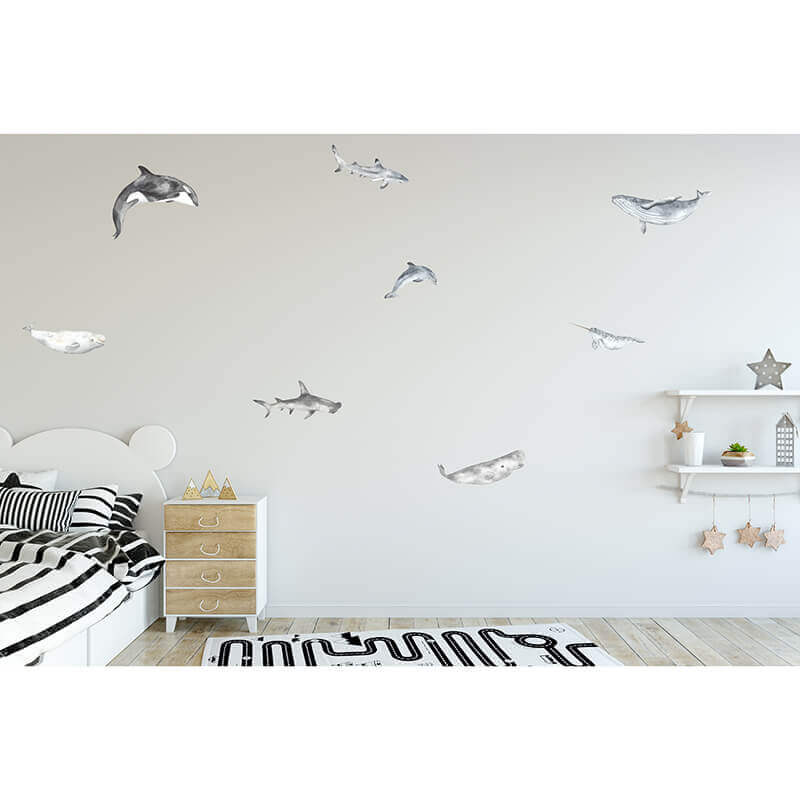 The Under the Sea Wall Decal Sticker set features 6 mammals and sharks in beautiful watercolour blues and greys. Our signature product is removable, repositionable and damage-free.