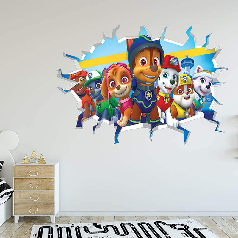 Paw Patrol. These Wall Break Wall Decal Sticker provide an awesome 3D visual effect in any room regardless of the image. Printed on Phototex fabric makes them removable and damage free.