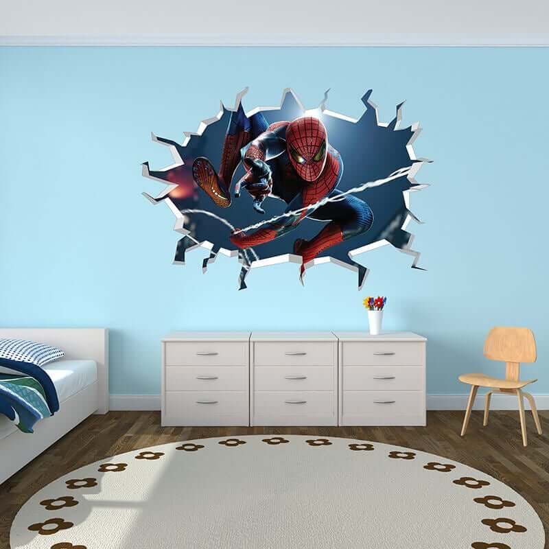 Spiderman These Wall Break Wall Decal Sticker provide an awesome 3D visual effect in any room regardless of the image. Printed on Phototex fabric makes them removable and damage free.